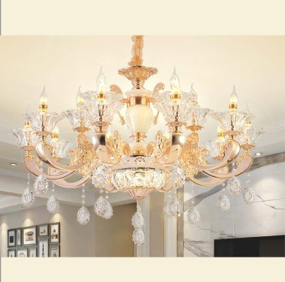 Đèn chùm cao cấp, thiết kế sang trọng với nhiều tay đèn uốn cong tinh xảo, kết hợp pha lê lấp lánh, phù hợp cho phòng khách, sảnh lớn hoặc không gian nội thất đẳng cấp