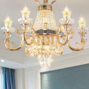 Đèn chùm cao cấp, thiết kế sang trọng với nhiều tay đèn uốn cong tinh xảo, kết hợp pha lê lấp lánh, phù hợp cho phòng khách, sảnh lớn hoặc không gian nội thất đẳng cấp