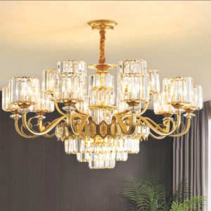 Đèn chùm trang trí cao cấp, kết hợp pha lê lấp lánh và chi tiết kim loại tinh xảo, mang lại vẻ đẹp hiện đại và sang trọng cho phòng khách, biệt thự hay sảnh lớn