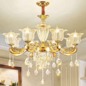 Đèn chùm trang trí cao cấp, kết hợp pha lê lấp lánh và chi tiết kim loại tinh xảo, mang lại vẻ đẹp hiện đại và sang trọng cho phòng khách, biệt thự hay sảnh lớn