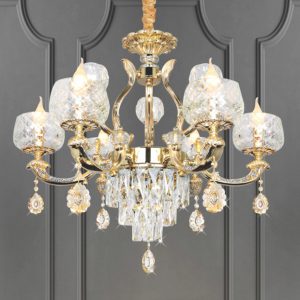 Đèn chùm trang trí cao cấp, kết hợp pha lê lấp lánh và chi tiết kim loại tinh xảo, mang lại vẻ đẹp hiện đại và sang trọng cho phòng khách, biệt thự hay sảnh lớn