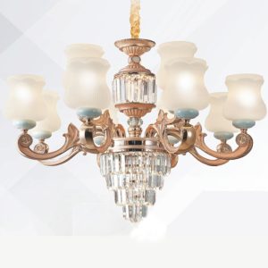 Đèn chùm trang trí cao cấp, kết hợp pha lê lấp lánh và chi tiết kim loại tinh xảo, mang lại vẻ đẹp hiện đại và sang trọng cho phòng khách, biệt thự hay sảnh lớn