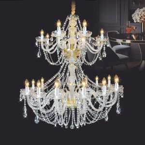 Đèn chùm trang trí cao cấp, kết hợp pha lê lấp lánh và chi tiết kim loại tinh xảo, mang lại vẻ đẹp hiện đại và sang trọng cho phòng khách, biệt thự hay sảnh lớn